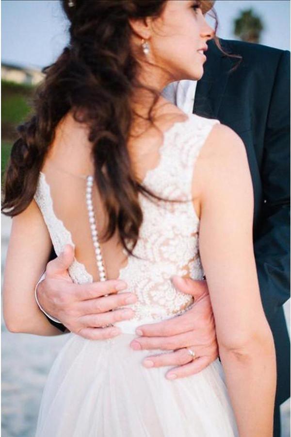 Elegantes U-Ausschnitt A-Linie Tüll Strand Brautkleid