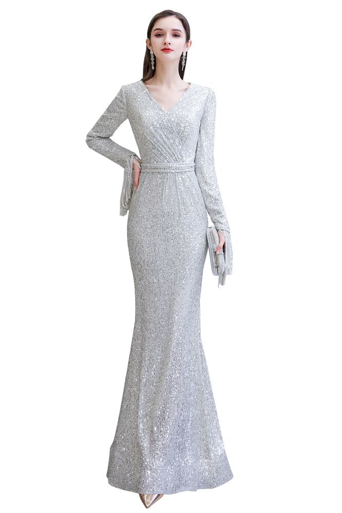 Abito da festa a sirena bordeaux elegante con scollo a V e paillettes, lungo fino a terra