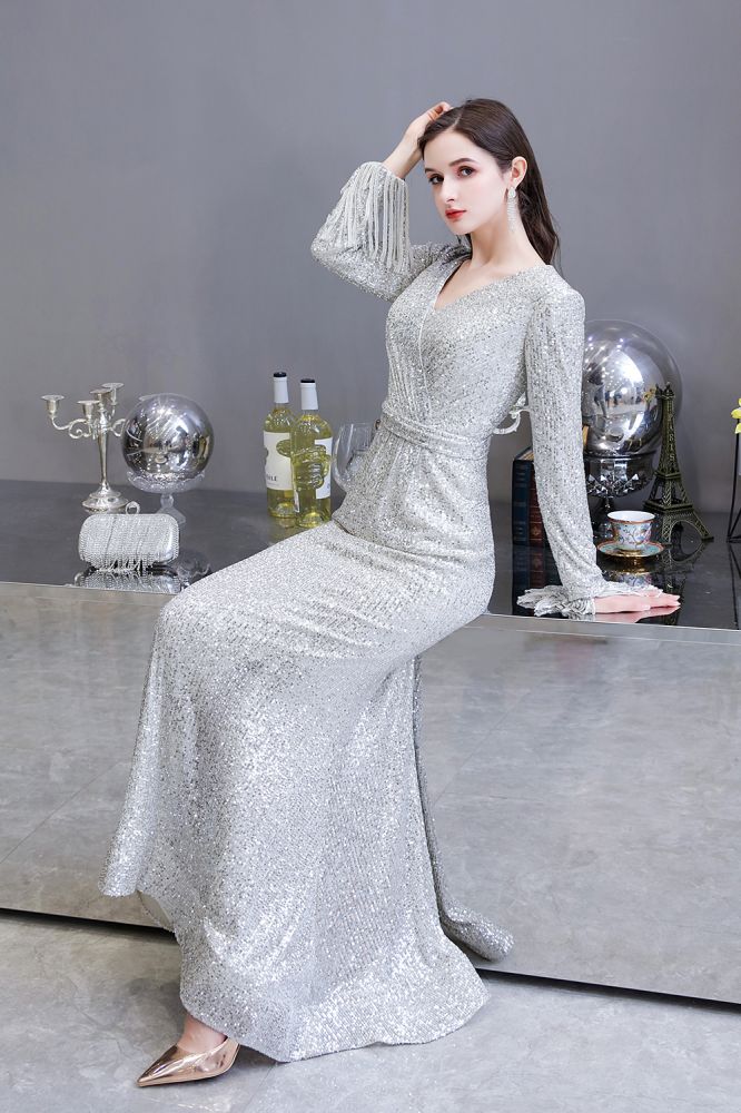 Abito da festa a sirena bordeaux elegante con scollo a V e paillettes, lungo fino a terra