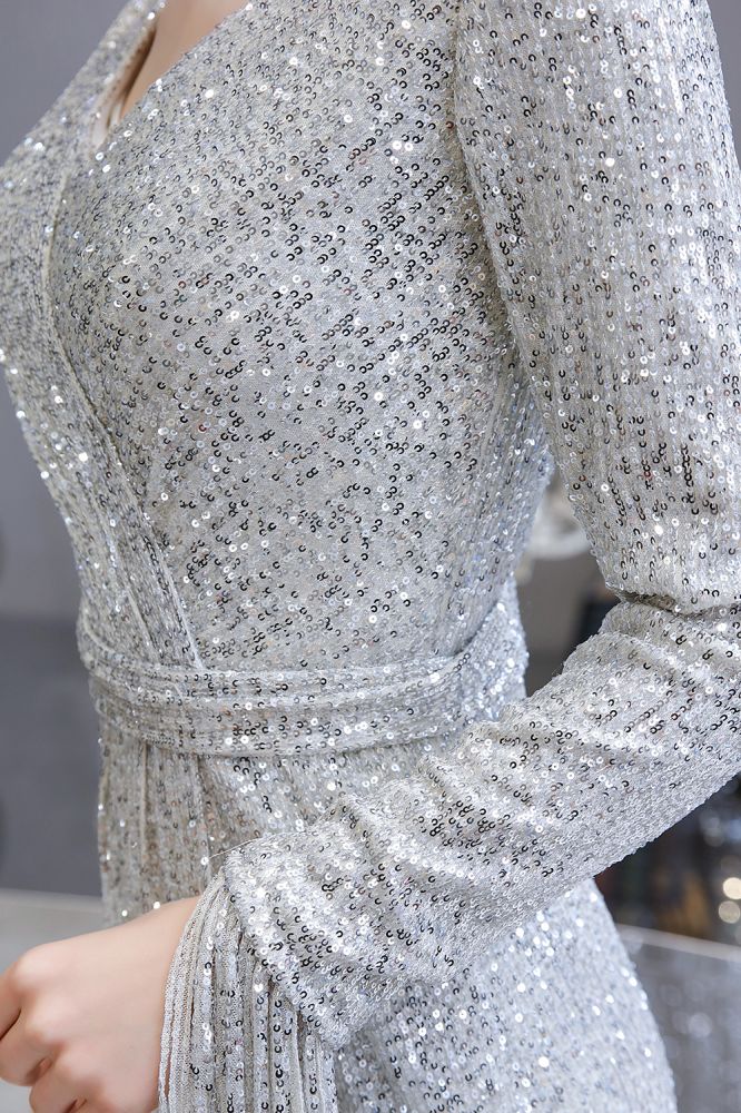 Abito da festa a sirena bordeaux elegante con scollo a V e paillettes, lungo fino a terra