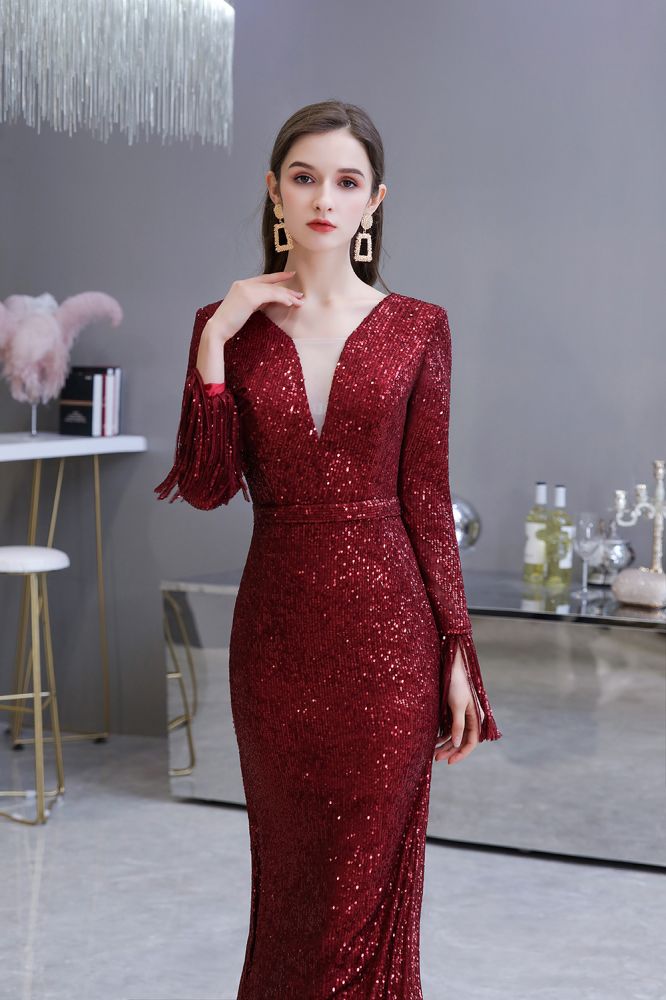Abito da festa a sirena bordeaux elegante con scollo a V e paillettes, lungo fino a terra