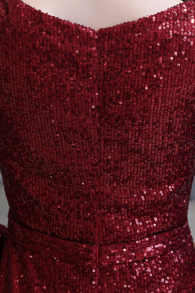 Abito da festa a sirena bordeaux elegante con scollo a V e paillettes, lungo fino a terra
