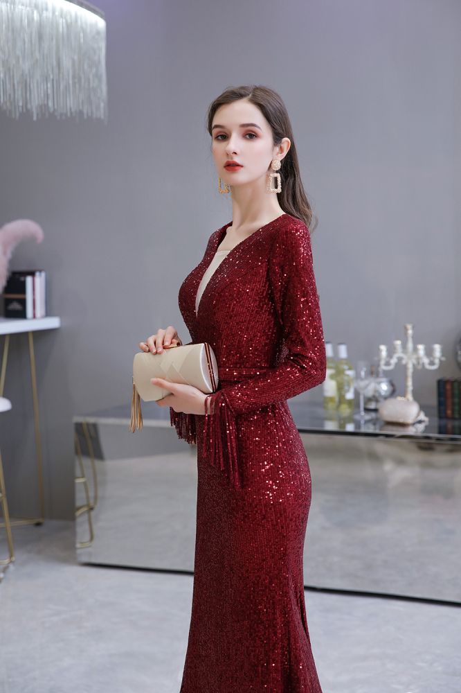 Abito da festa a sirena bordeaux elegante con scollo a V e paillettes, lungo fino a terra