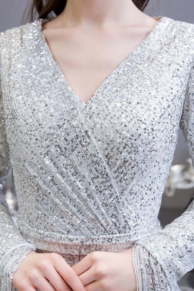 Abito da festa a sirena bordeaux elegante con scollo a V e paillettes, lungo fino a terra