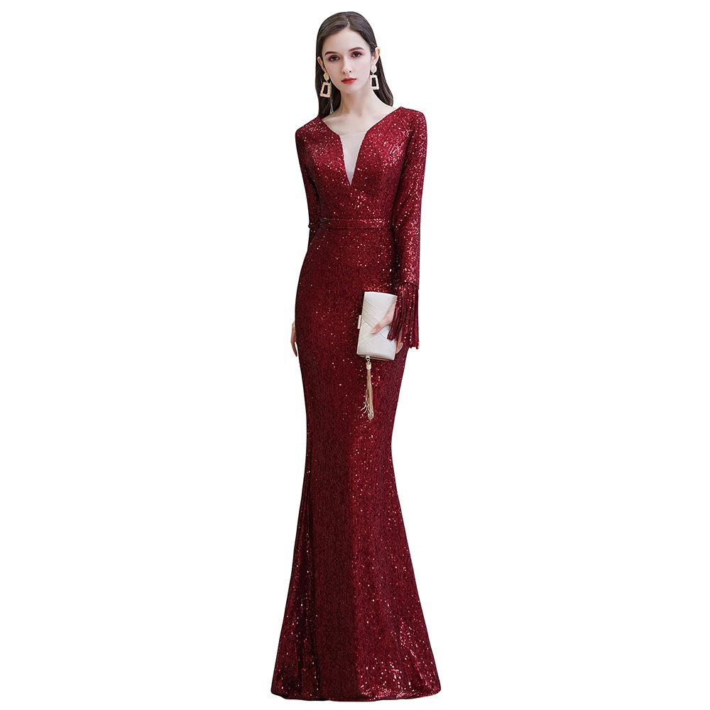 Abito da festa a sirena bordeaux elegante con scollo a V e paillettes, lungo fino a terra