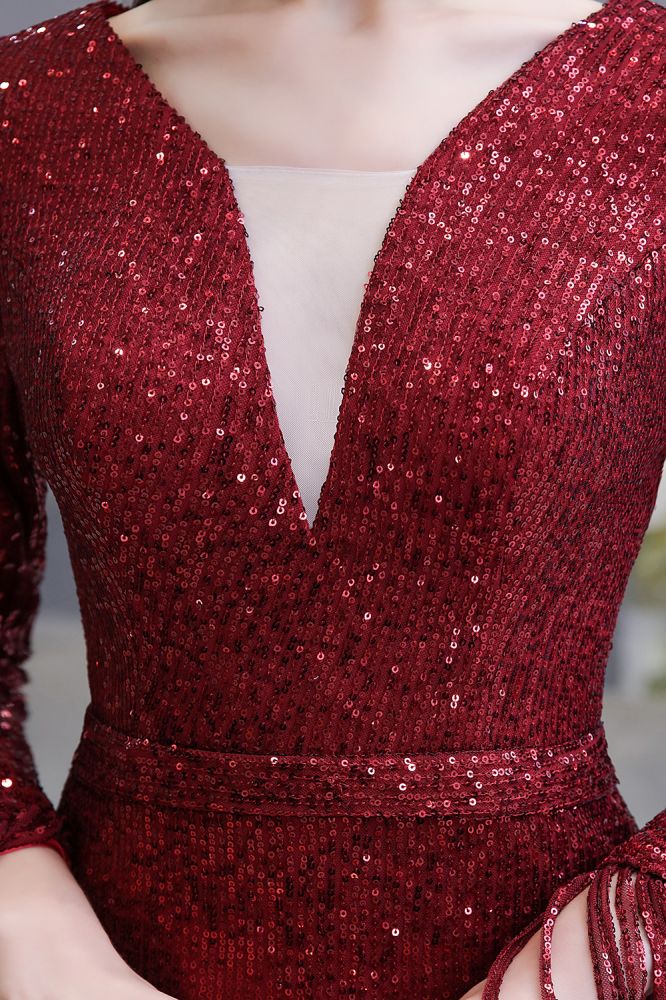 Abito da festa a sirena bordeaux elegante con scollo a V e paillettes, lungo fino a terra