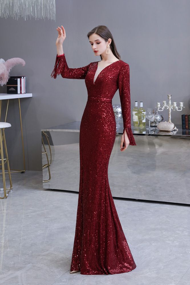 Abito da festa a sirena bordeaux elegante con scollo a V e paillettes, lungo fino a terra