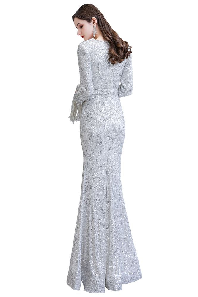 Abito da festa a sirena bordeaux elegante con scollo a V e paillettes, lungo fino a terra