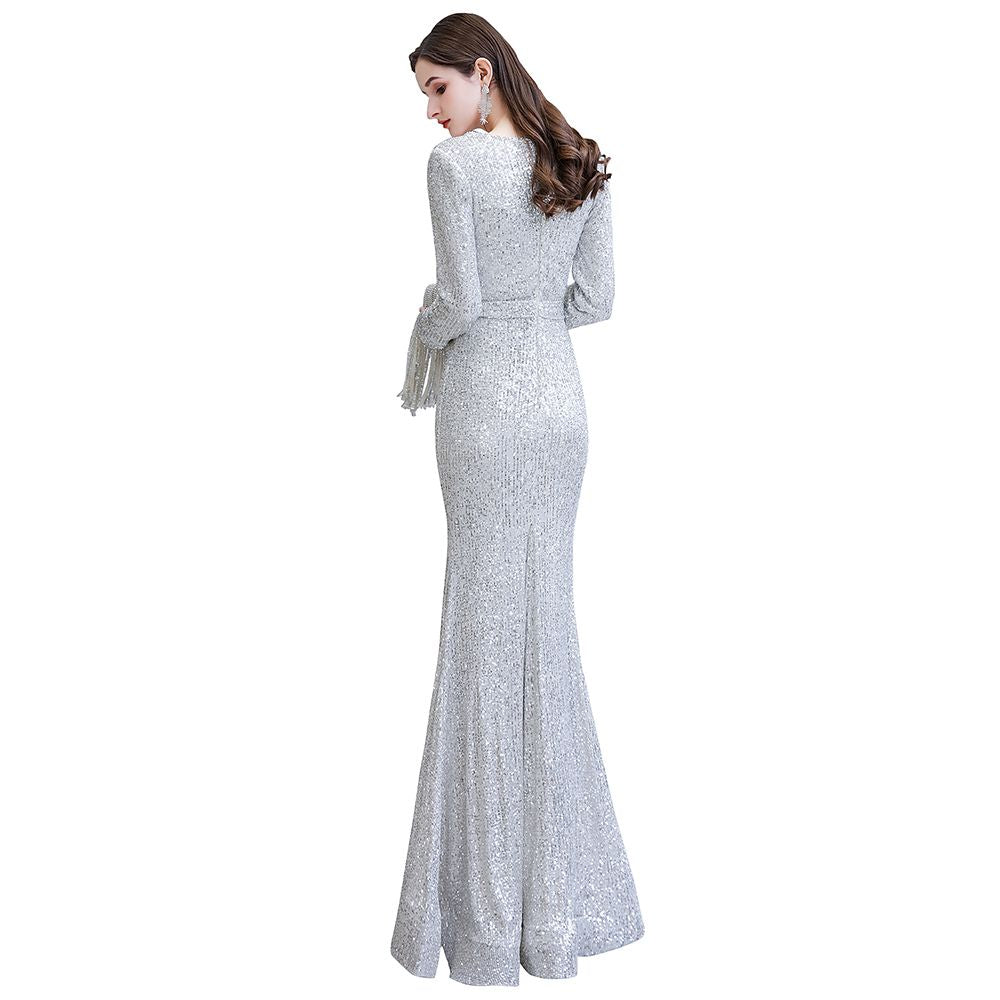Abito da festa a sirena bordeaux elegante con scollo a V e paillettes, lungo fino a terra