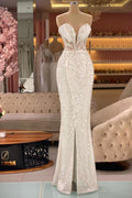 Vestido de Baile Elegante com Decote em V, Sem Mangas, em Renda e Lantejoulas