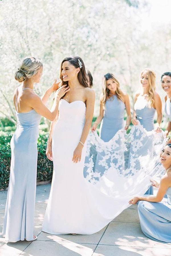 Vestidos Elegantes de Dama de Honra Longos em Cetim Azul Claro com Decote Halter e Corte Tubinho BD078