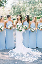 Vestidos Elegantes de Dama de Honra Longos em Cetim Azul Claro com Decote Halter e Corte Tubinho BD078