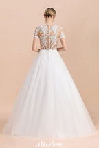 Vestido de Noiva Elegante com Mangas Curtas, Aplicações de Renda Branca e Saia Rodada