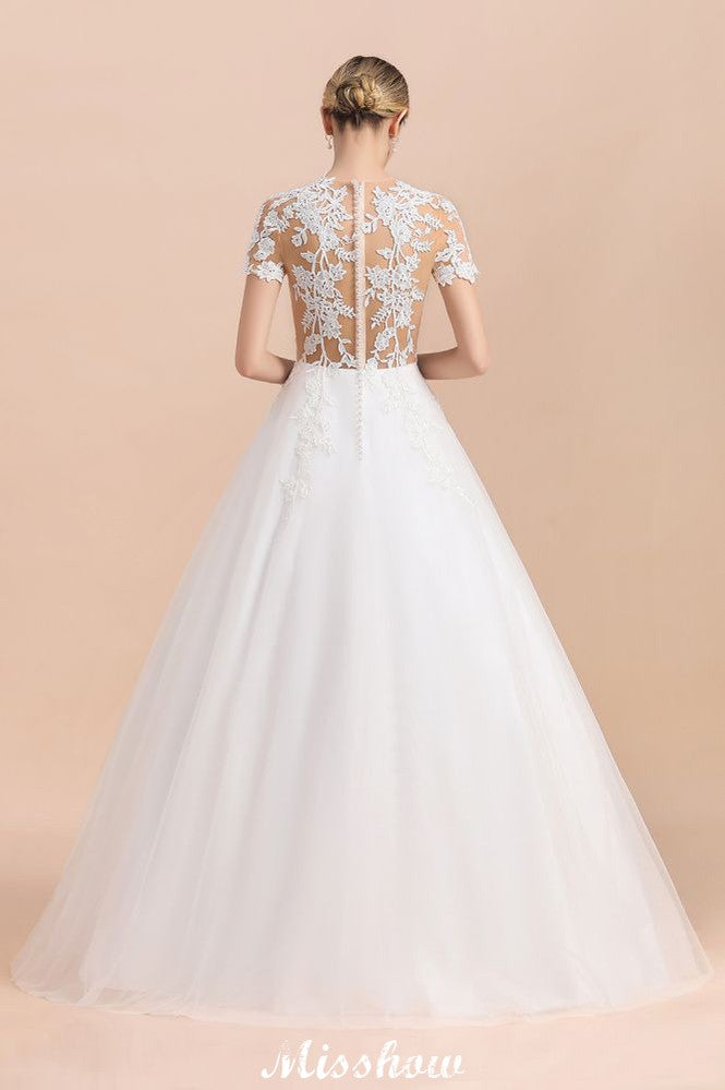 Vestido de Noiva Elegante com Mangas Curtas, Aplicações de Renda Branca e Saia Rodada