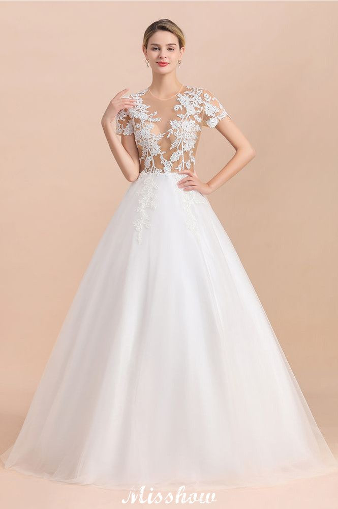 Vestido de Noiva Elegante com Mangas Curtas, Aplicações de Renda Branca e Saia Rodada