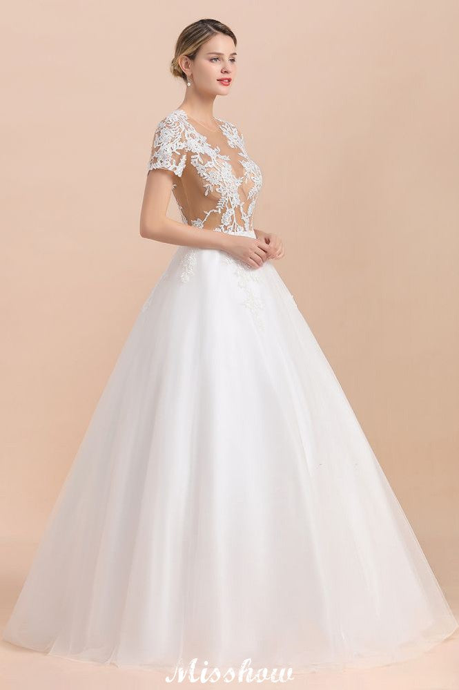 Vestido de Noiva Elegante com Mangas Curtas, Aplicações de Renda Branca e Saia Rodada
