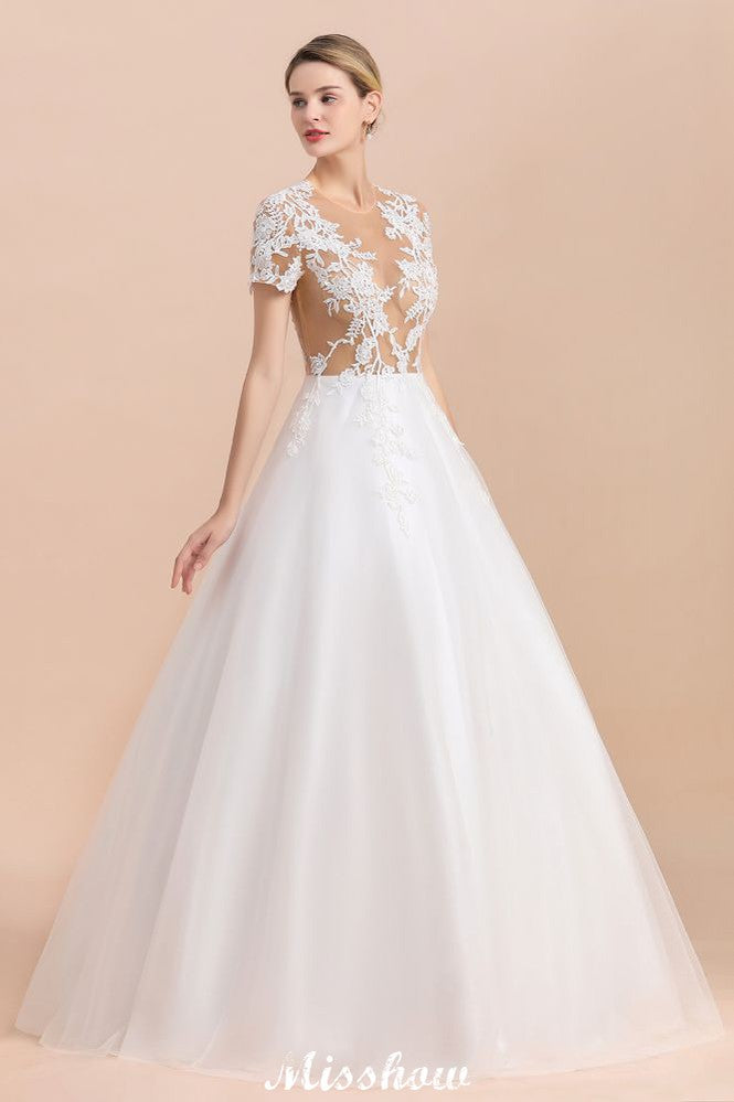 Vestido de Noiva Elegante com Mangas Curtas, Aplicações de Renda Branca e Saia Rodada