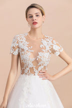 Vestido de Noiva Elegante com Mangas Curtas, Aplicações de Renda Branca e Saia Rodada