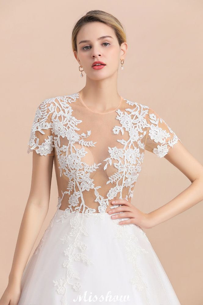 Vestido de Noiva Elegante com Mangas Curtas, Aplicações de Renda Branca e Saia Rodada