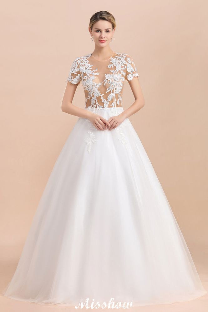 Vestido de Noiva Elegante com Mangas Curtas, Aplicações de Renda Branca e Saia Rodada