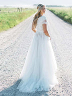 Lace Tulle A Line Wedding Dress With Short Sleeves Boho Vintage