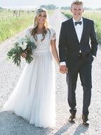 Lace Tulle A Line Wedding Dress With Short Sleeves Boho Vintage