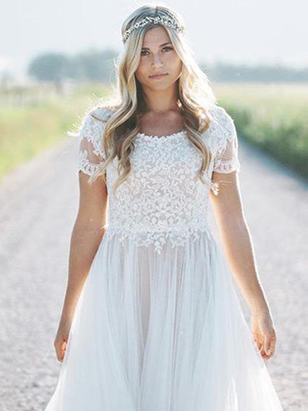 Lace Tulle A Line Wedding Dress With Short Sleeves Boho Vintage
