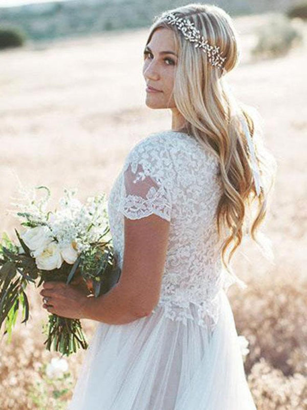 Lace Tulle A Line Wedding Dress With Short Sleeves Boho Vintage