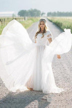 Lace Tulle A Line Wedding Dress With Short Sleeves Boho Vintage