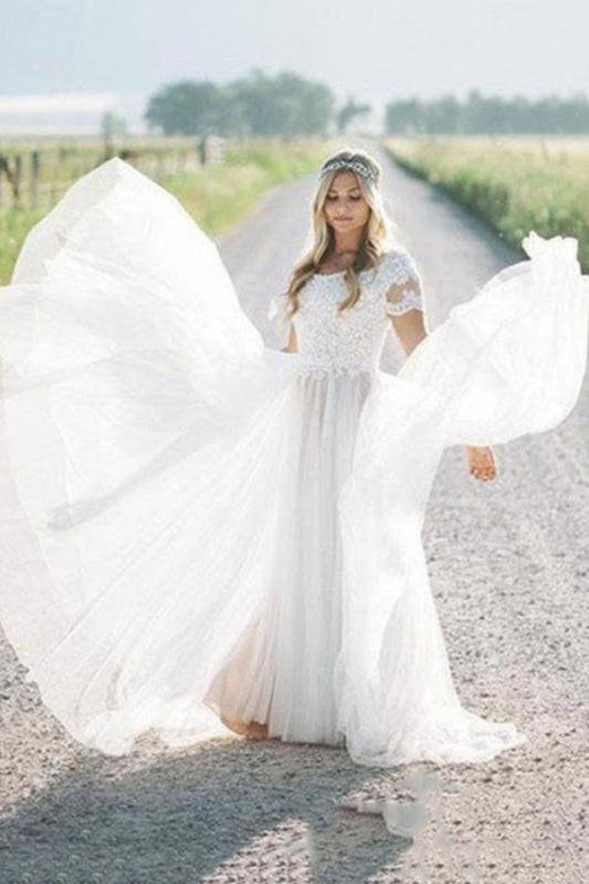 Lace Tulle A Line Wedding Dress With Short Sleeves Boho Vintage