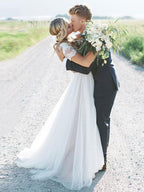Lace Tulle A Line Wedding Dress With Short Sleeves Boho Vintage