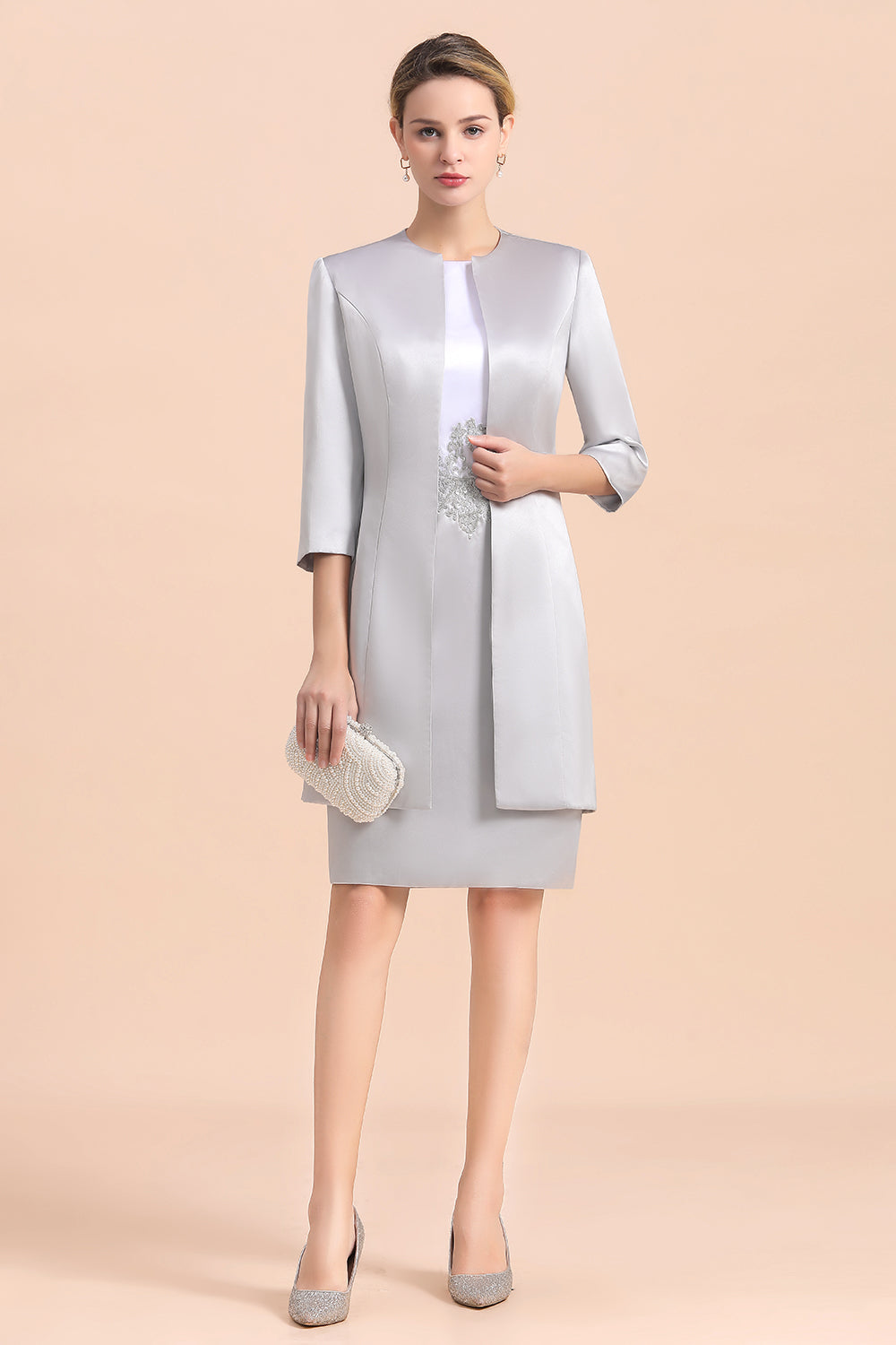 Elegantes silbernes kurzes Kleid für die Brautmutter, knielang, für Hochzeiten