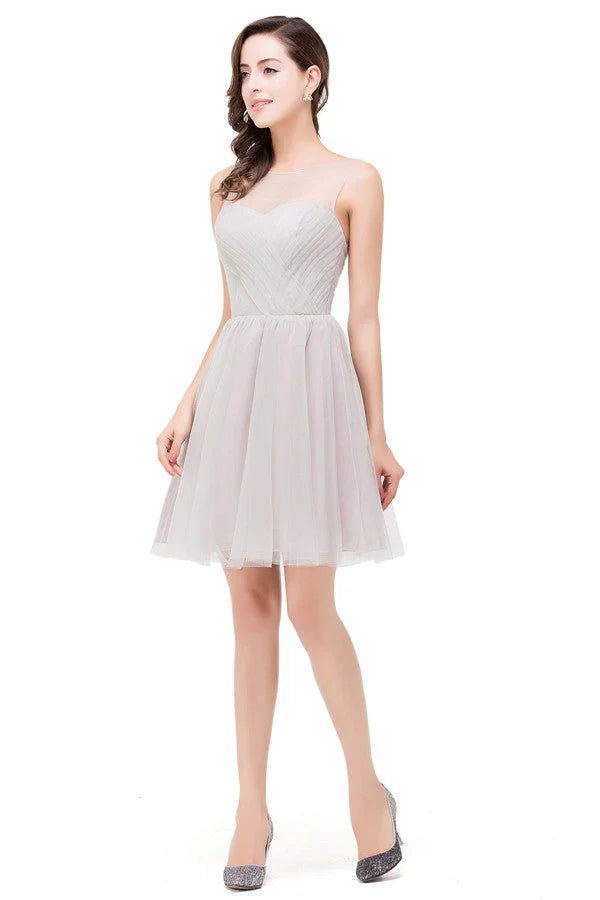 Vestidos Elegantes Prateados de Dama de Honra Mini em Linha A com Decote Redondo