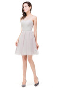 Vestidos Elegantes Prateados de Dama de Honra Mini em Linha A com Decote Redondo