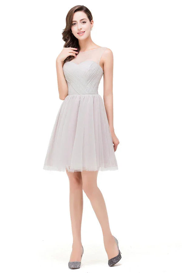 Vestidos Elegantes Prateados de Dama de Honra Mini em Linha A com Decote Redondo