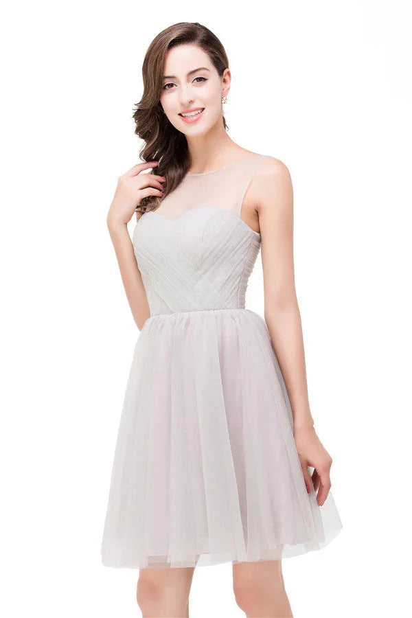 Vestidos Elegantes Prateados de Dama de Honra Mini em Linha A com Decote Redondo