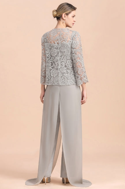 Elegant Silver Lace Top Chiffon Mother of Bride Jumpsuit Online with Wrap