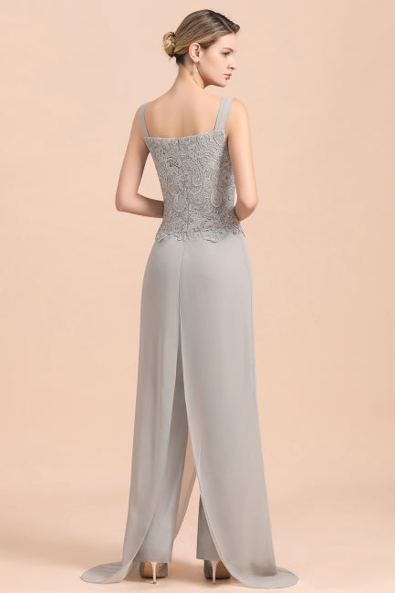 Elegant Silver Lace Top Chiffon Mother of Bride Jumpsuit Online with Wrap