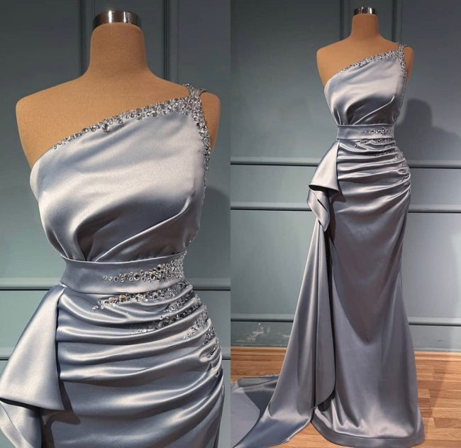 Elegant Silver Long Glitter One Shoulder Sleeveless Sequined Evening Dresses