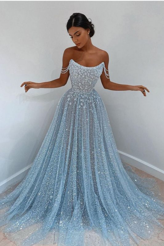 Vestido longo elegante de renda azul sem mangas para baile de finalistas