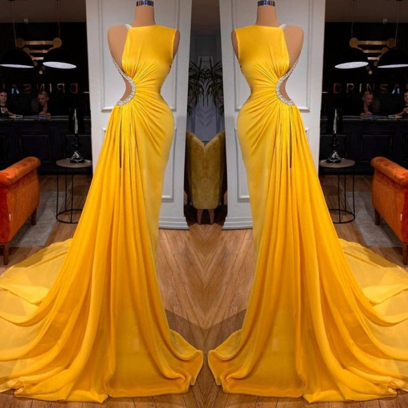 Robe de bal longue sirène élégante sans manches avec fente