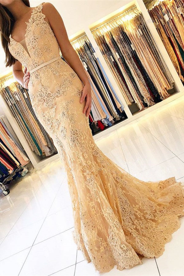 Robe de soirée élégante sans manches à col en V, coupe sirène, ornée d'appliques en dentelle