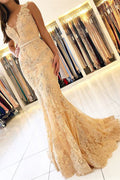 Robe de soirée élégante sans manches à col en V, coupe sirène, ornée d'appliques en dentelle