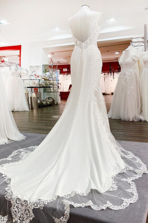 Backless Sweetheart Satin Lace Mermaid Wedding Dress White