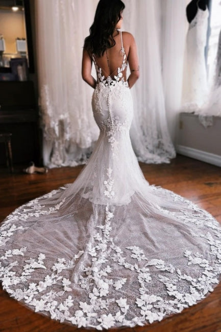 Elegant spaghetti straps sleeveless mermaid lace wedding dress
