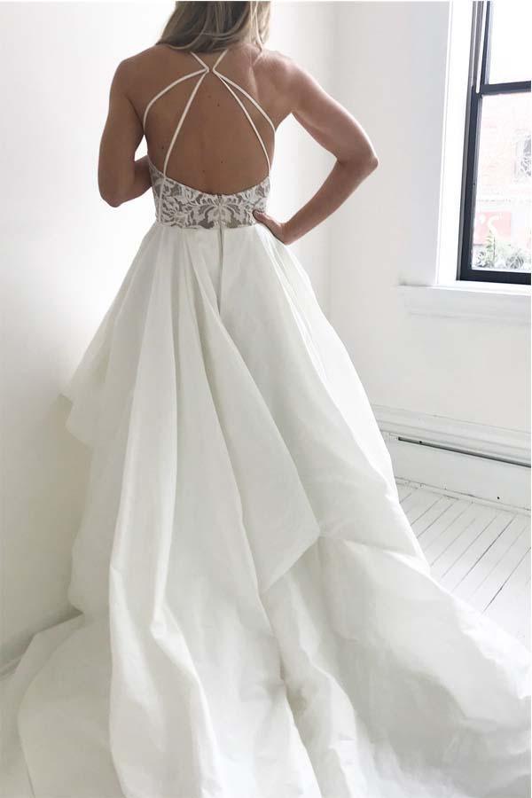 Vestido de Noiva Comprido Marfim com Alças Elegantes e Topo em Renda