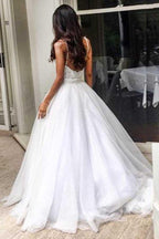 Elegant Sweep Train Backless Wedding Dress with Lace Top Spaghetti Straps
