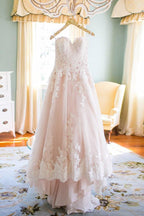 Elegant Sweetheart High Low Blush Wedding Dress with White Lace