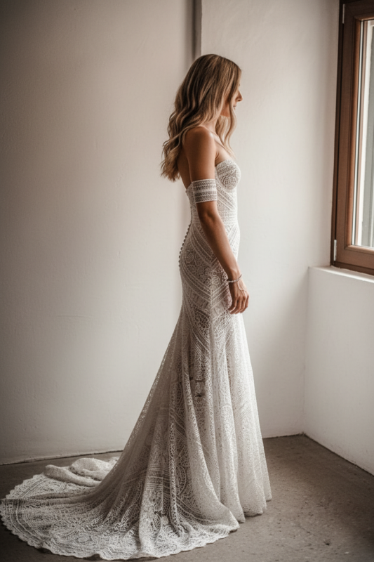 Vestido de noiva elegante estilo sereia em renda boho