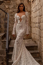 Elegantes vestidos de novia de encaje sirena con mangas largas y escote corazón